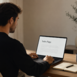Solo creator writing a sales page on a laptop in a minimal beige workspace with coffee and notebook