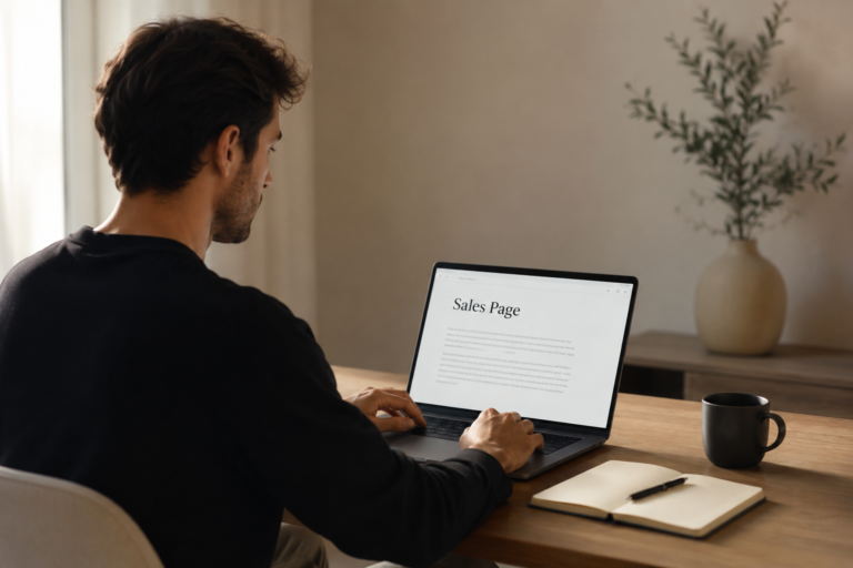 Solo creator writing a sales page on a laptop in a minimal beige workspace with coffee and notebook