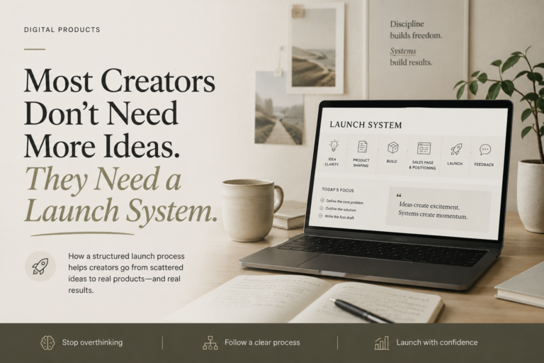 Creator workspace showing a digital product launch system designed to help creators turn ideas into real digital products and successful launches.