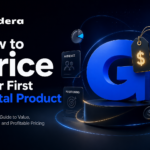 Futuristic cover design for pricing a first digital product with Guidera branding and glowing pricing visuals