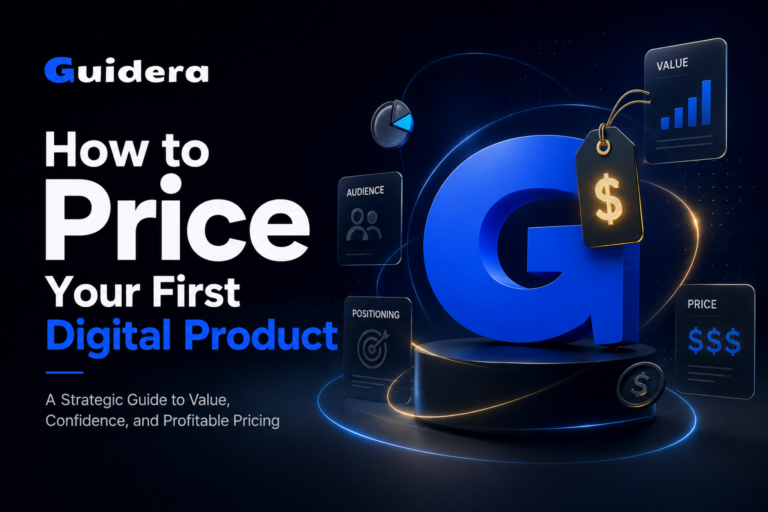 Futuristic cover design for pricing a first digital product with Guidera branding and glowing pricing visuals
