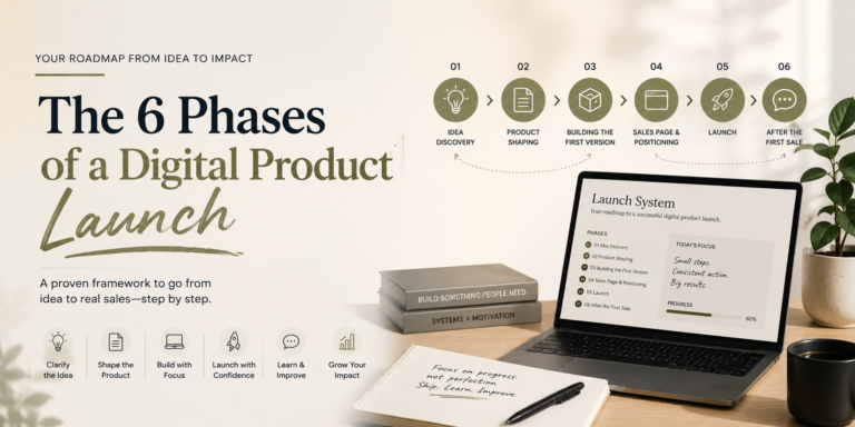 Visual roadmap showing the six phases of a digital product launch system from idea discovery to first sale.